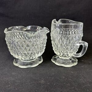 Indiana Glass Clear Diamond Point Scalloped Sugar Bowl Creamer Set‎